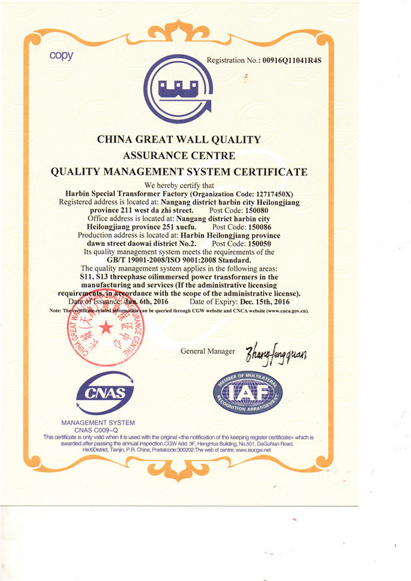 质量管理体系认证证书（英文）(图1)